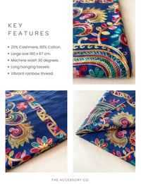 LARGE BLUE COLOURFUL PAISLEY CASHMERE COTTON BLEND WINTER SHAWL BLANKET SCARF