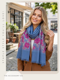 LARGE BLUE FLORAL PRINT SILKY FEEL PASHMINA SHAWL SCARF - A-SHU.CO.UK