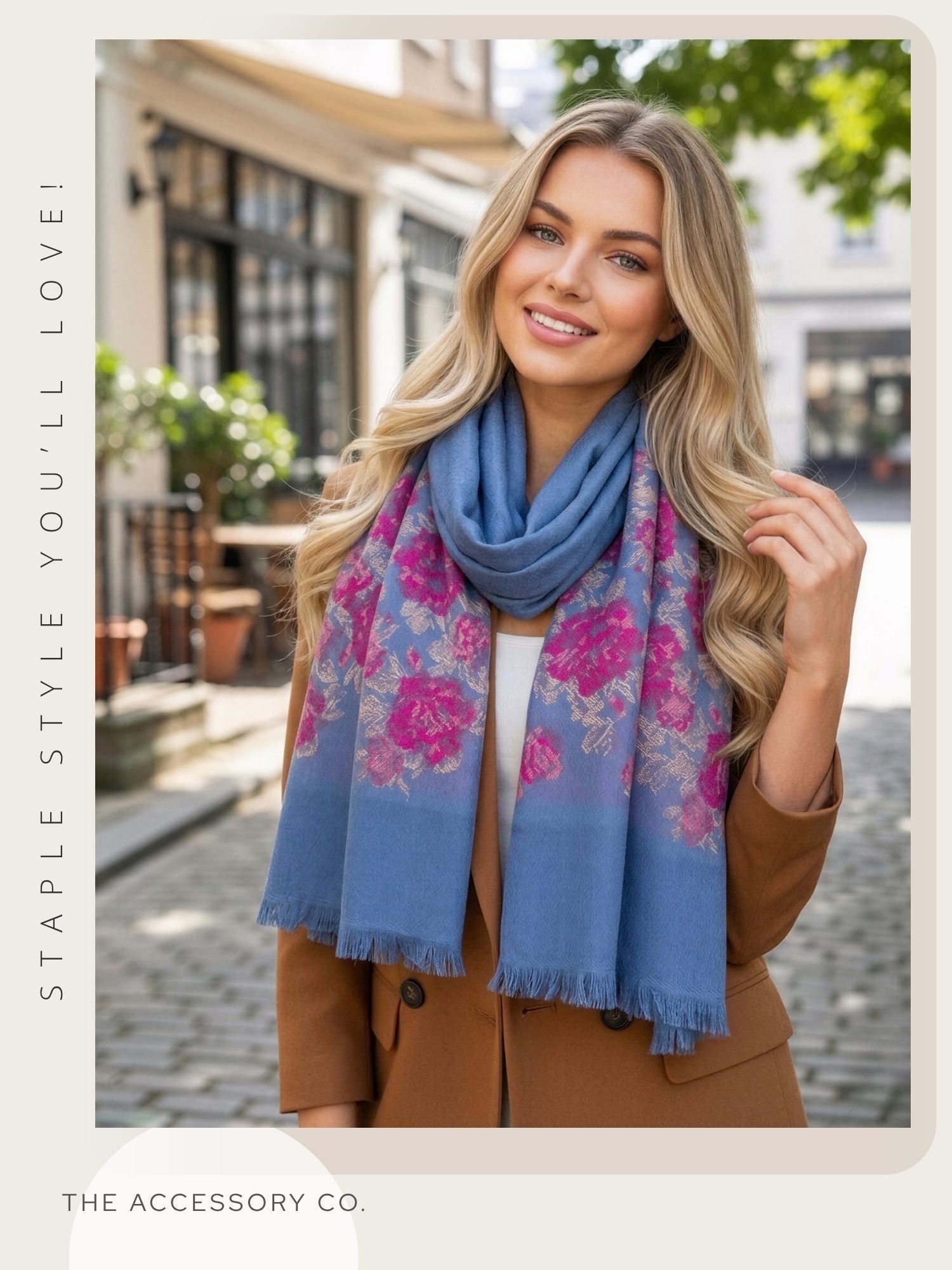 LARGE BLUE FLORAL PRINT SILKY FEEL PASHMINA SHAWL SCARF - A-SHU.CO.UK