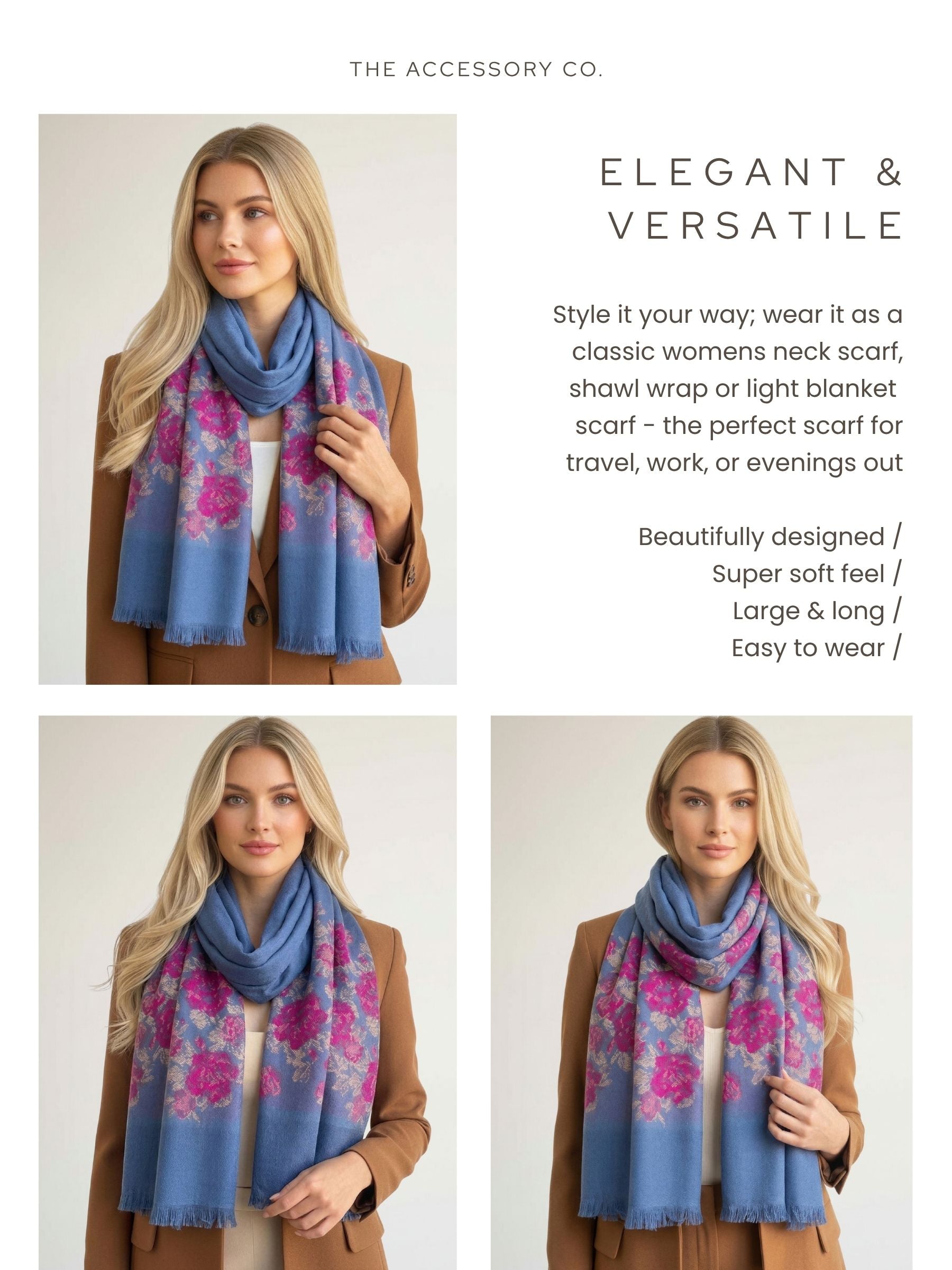LARGE BLUE FLORAL PRINT SILKY FEEL PASHMINA SHAWL SCARF - A-SHU.CO.UK