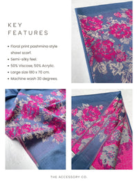 LARGE BLUE FLORAL PRINT SILKY FEEL PASHMINA SHAWL SCARF - A-SHU.CO.UK