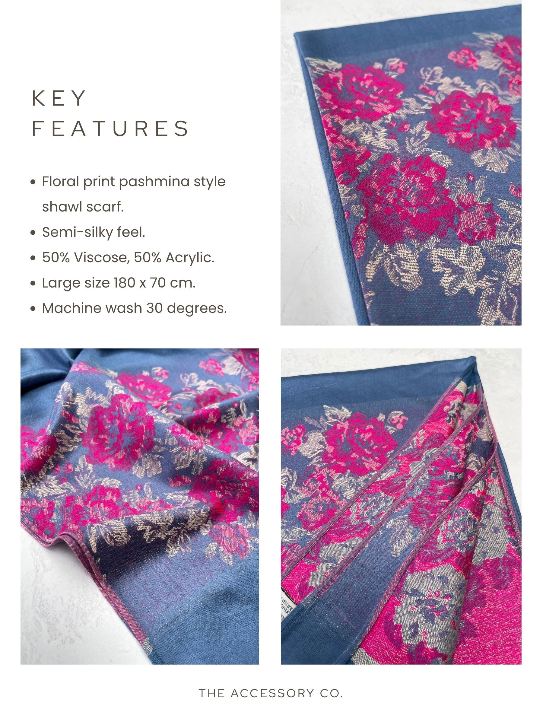 LARGE BLUE FLORAL PRINT SILKY FEEL PASHMINA SHAWL SCARF - A-SHU.CO.UK