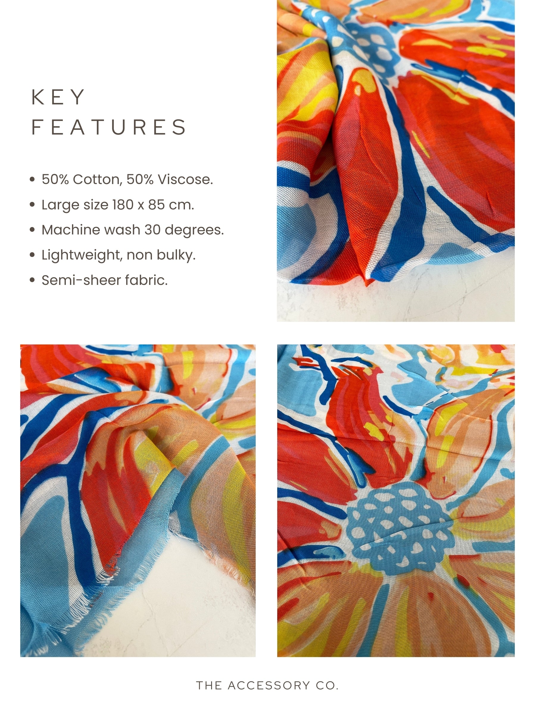 LARGE BLUE ORANGE BRIGHT FLORAL COTTON MIX SCARF