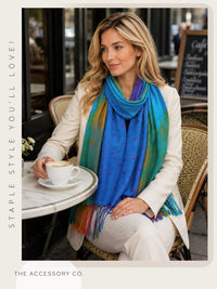 LARGE BLUE RAINBOW FEATHER AND LEAF PRINT PASHMINA SHAWL SCARF