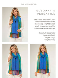 LARGE BLUE RAINBOW FEATHER AND LEAF PRINT PASHMINA SHAWL SCARF