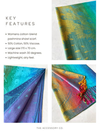 LARGE BLUE RAINBOW FEATHER AND LEAF PRINT PASHMINA SHAWL SCARF