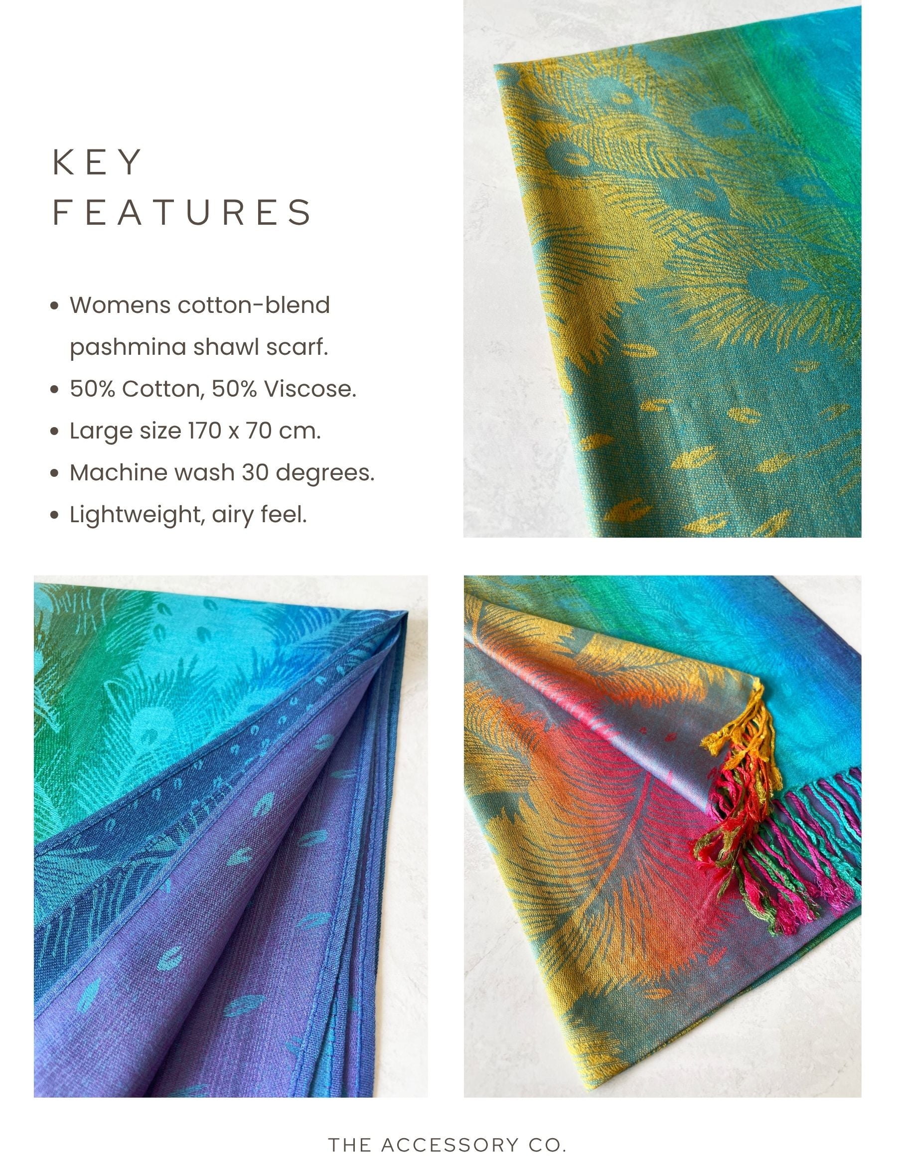 LARGE BLUE RAINBOW FEATHER AND LEAF PRINT PASHMINA SHAWL SCARF
