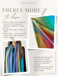 LARGE BLUE RAINBOW FEATHER AND LEAF PRINT PASHMINA SHAWL SCARF