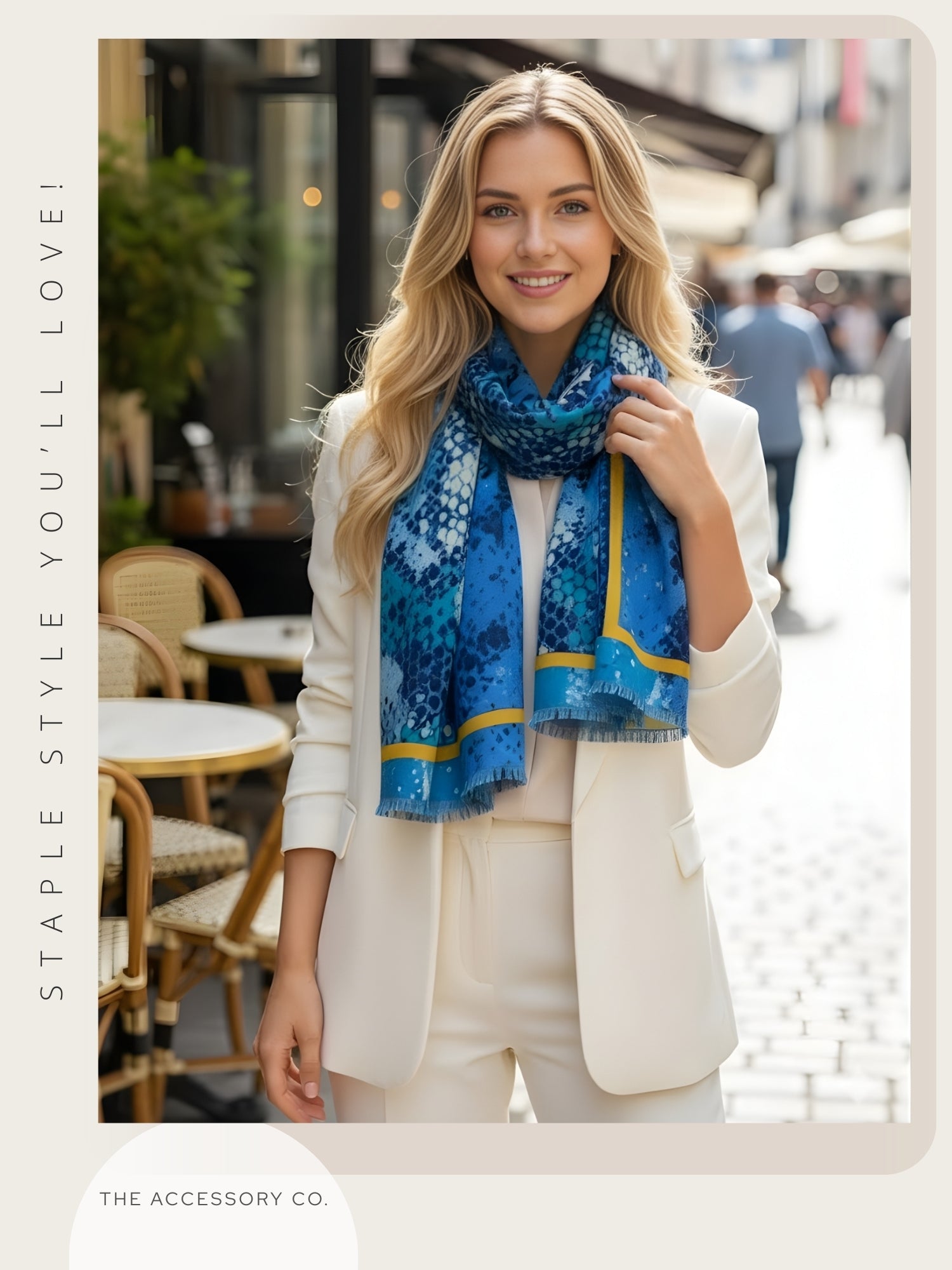 LARGE BLUE SNAKESKIN PRINT SHAWL SCARF WITH STRIPE