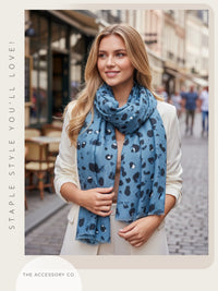 LARGE BLUE WOOL SPOTTY LEOPARD PRINT SCARF