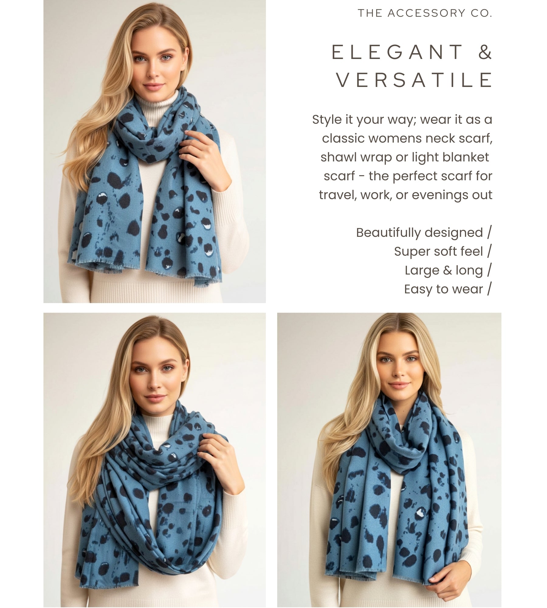 LARGE BLUE WOOL SPOTTY LEOPARD PRINT SCARF