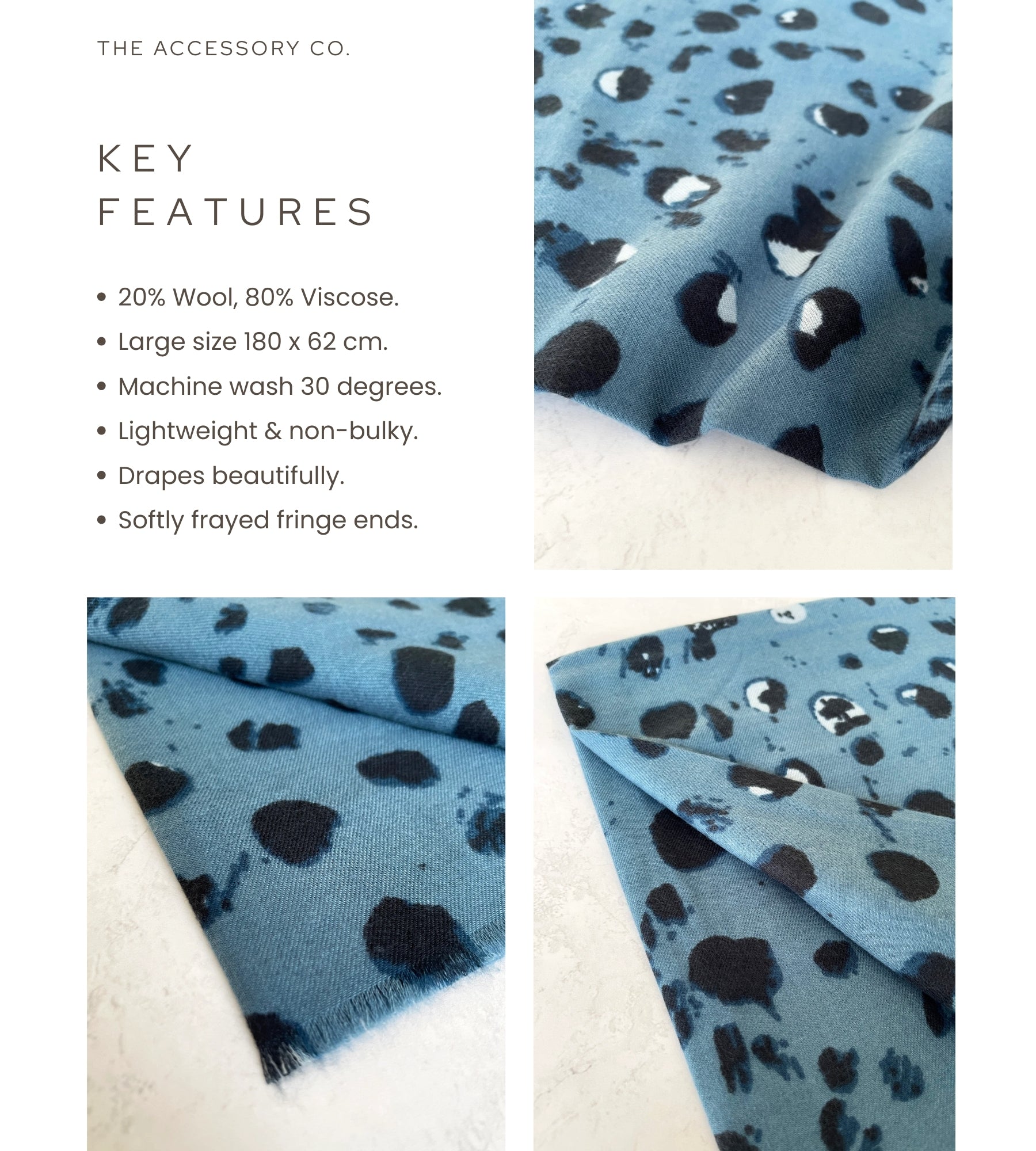 LARGE BLUE WOOL SPOTTY LEOPARD PRINT SCARF