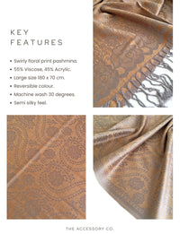 LARGE BRONZE GOLD SWIRL FLORAL PRINT REVERSIBLE PASHMINA SHAWL SCARF - A-SHU.CO.UK