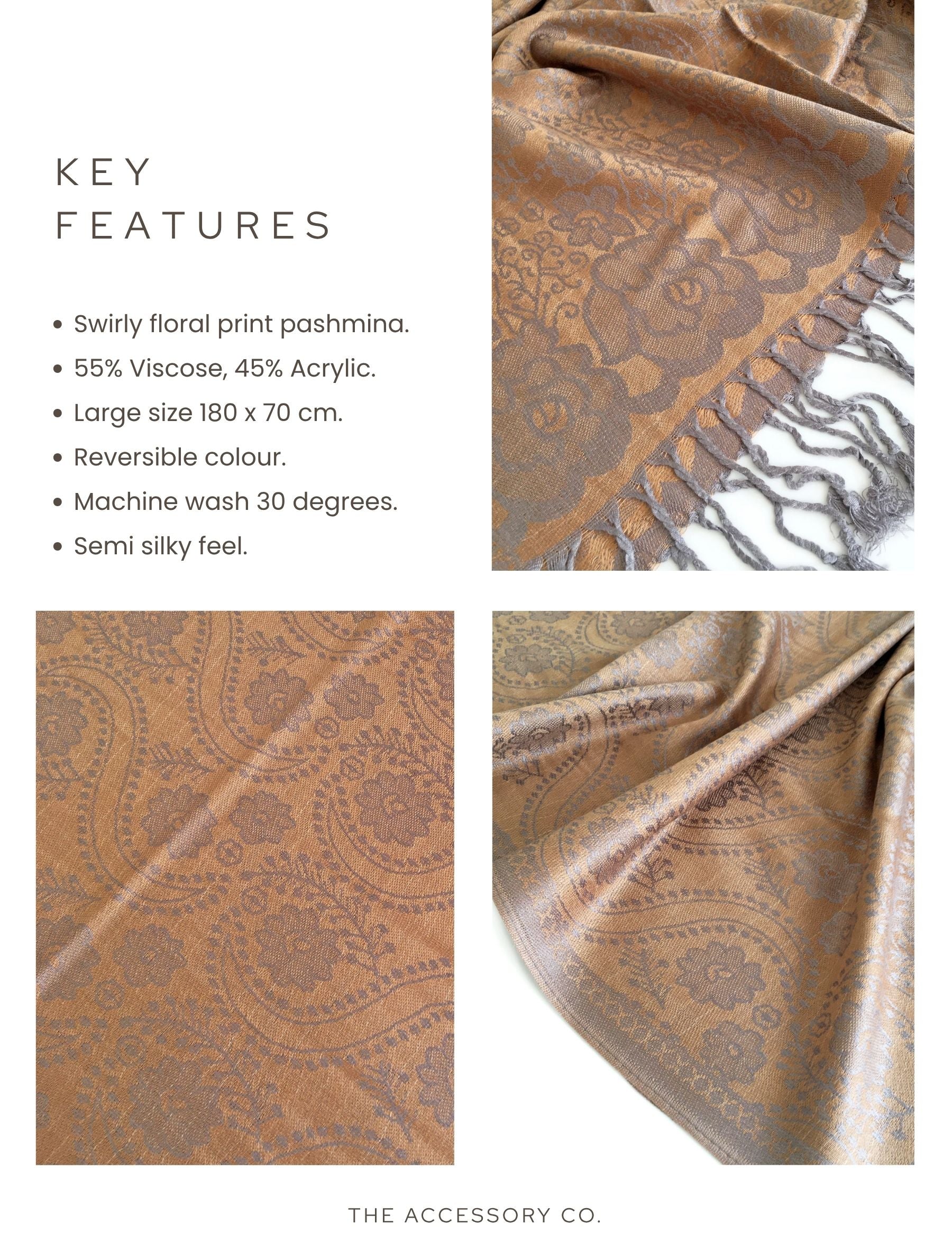LARGE BRONZE GOLD SWIRL FLORAL PRINT REVERSIBLE PASHMINA SHAWL SCARF - A-SHU.CO.UK