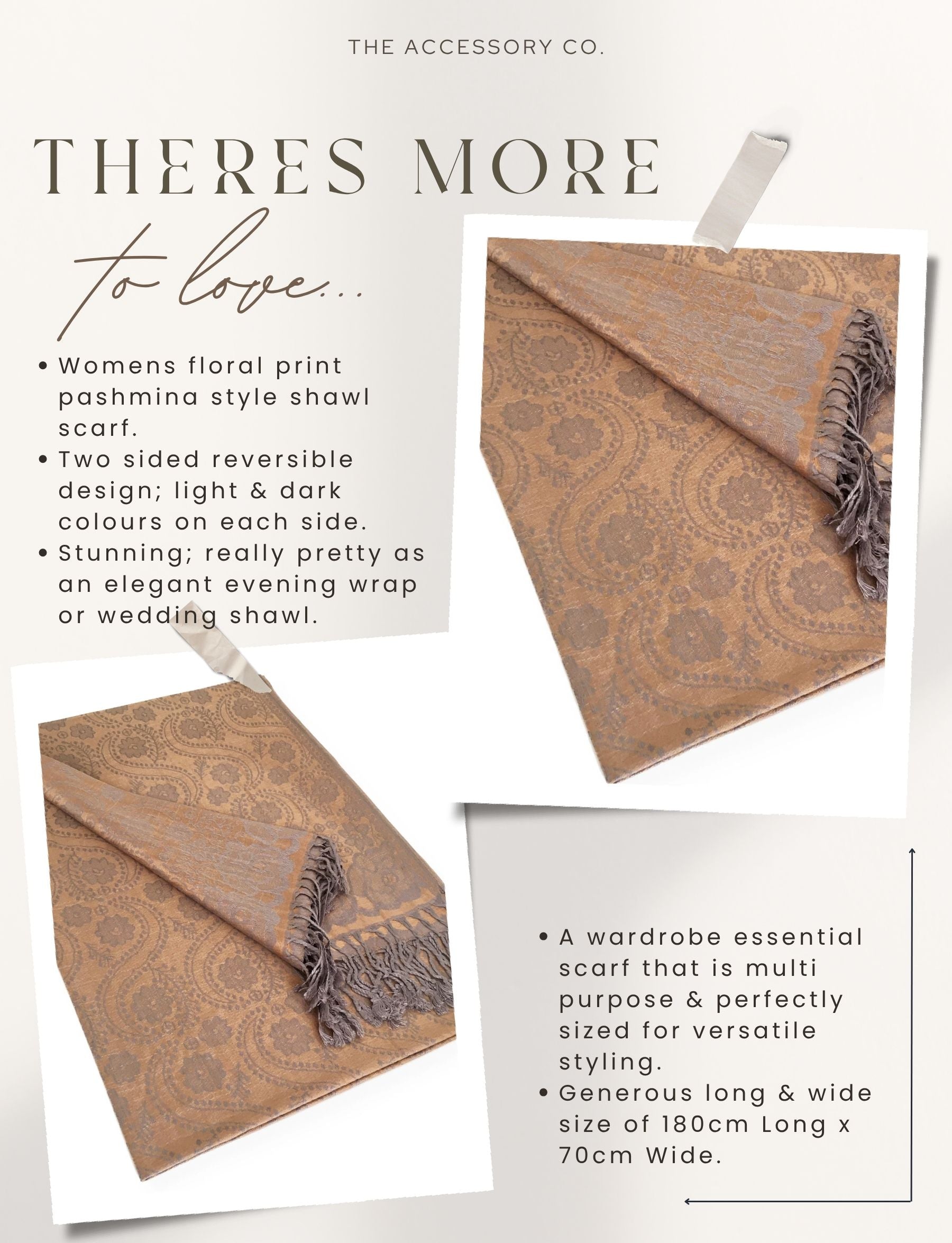 LARGE BRONZE GOLD SWIRL FLORAL PRINT REVERSIBLE PASHMINA SHAWL SCARF - A-SHU.CO.UK