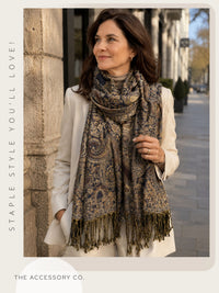 LARGE BROWN MULTI COLOUR PAISLEY PRINT PASHMINA SHAWL SCARF - A-SHU.CO.UK