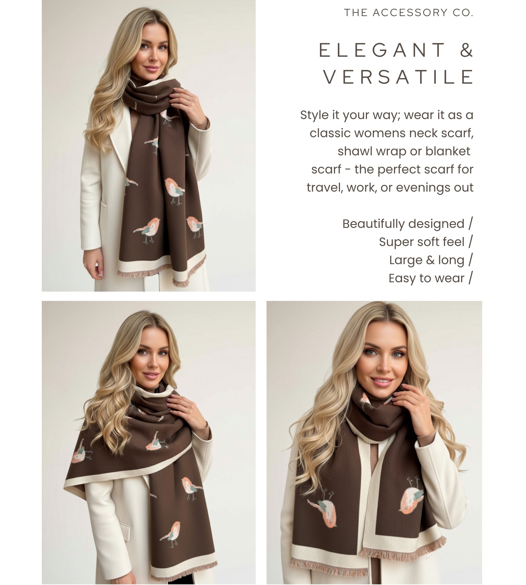 LARGE BROWN ROBIN REVERSIBLE WINTER SHAWL BLANKET SCARF