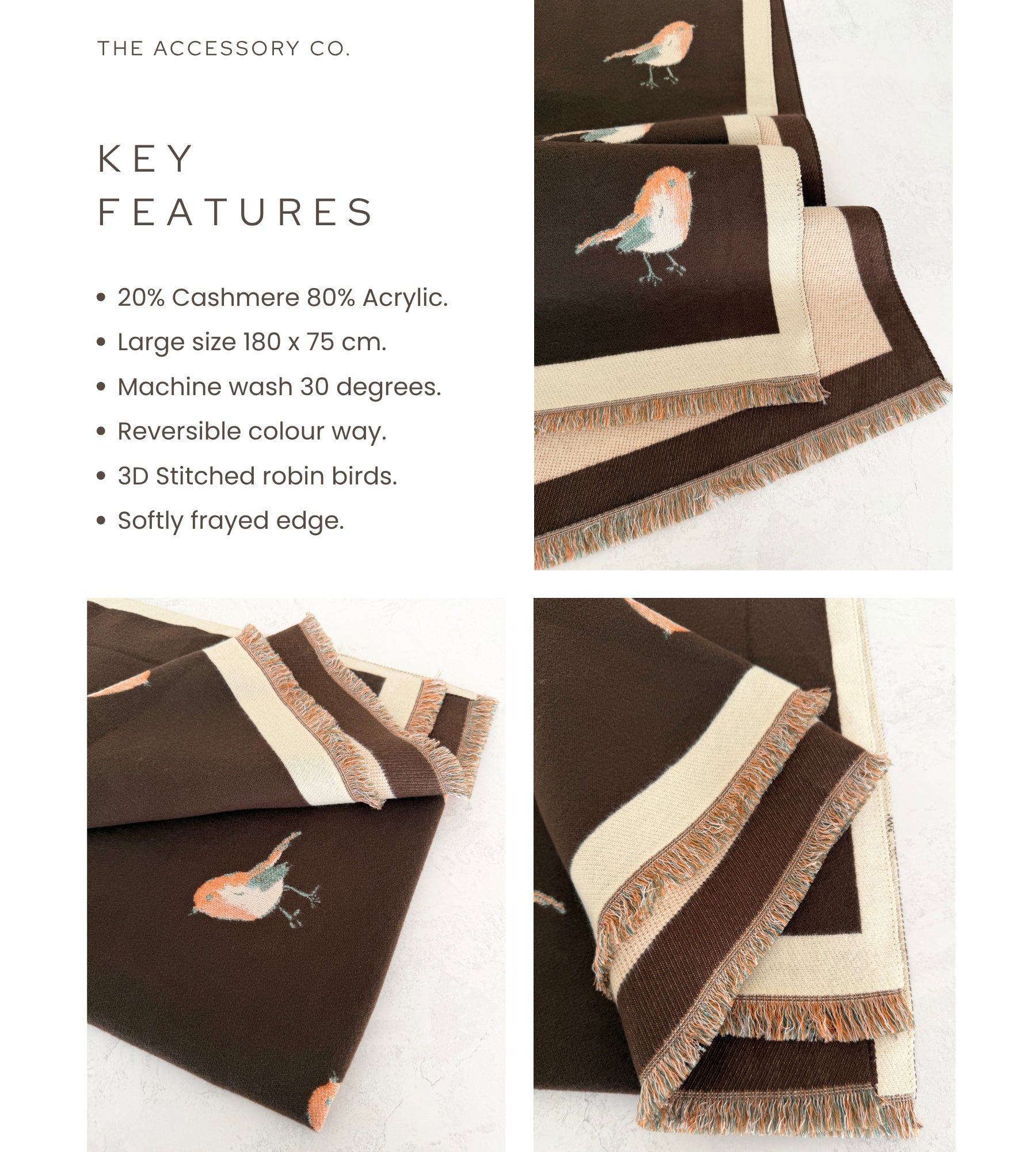 LARGE BROWN ROBIN REVERSIBLE WINTER SHAWL BLANKET SCARF