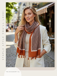 LARGE BURNT ORANGE DIAMOND PRINT SHAWL SCARF WITH TASSELS