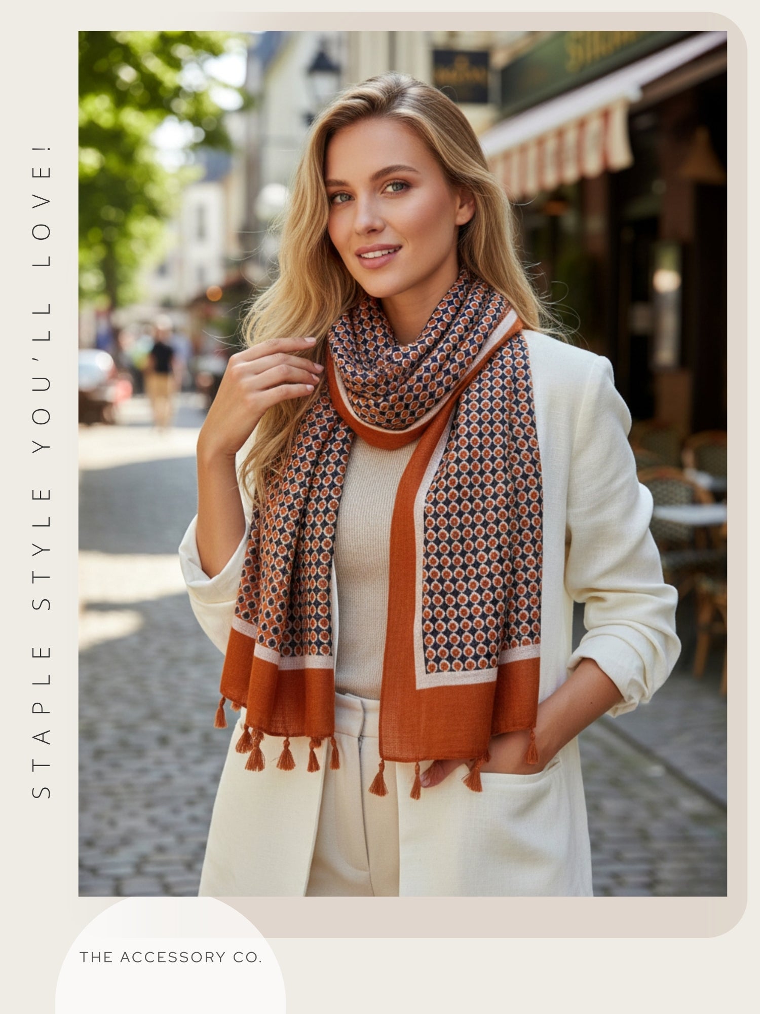 LARGE BURNT ORANGE DIAMOND PRINT SHAWL SCARF WITH TASSELS