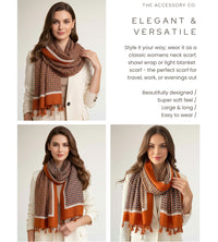 LARGE BURNT ORANGE DIAMOND PRINT SHAWL SCARF WITH TASSELS