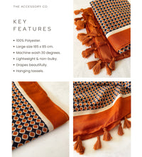 LARGE BURNT ORANGE DIAMOND PRINT SHAWL SCARF WITH TASSELS