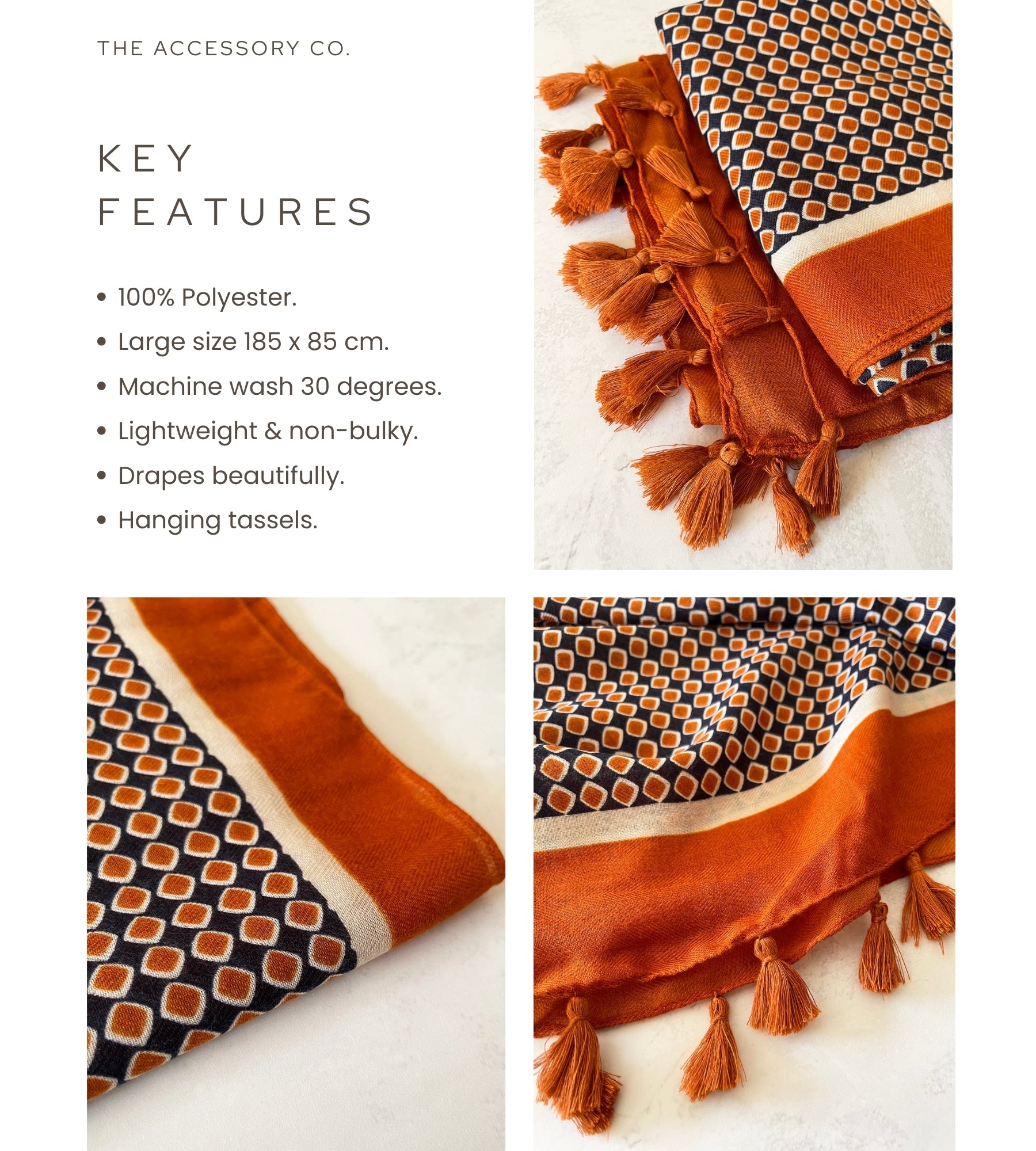 LARGE BURNT ORANGE DIAMOND PRINT SHAWL SCARF WITH TASSELS