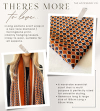 LARGE BURNT ORANGE DIAMOND PRINT SHAWL SCARF WITH TASSELS