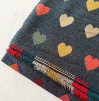 LARGE CHECKED HEART PRINT REVERSIBLE WINTER SHAWL BLANKET SCARF - DENIM