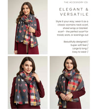 LARGE CHECKED HEART PRINT REVERSIBLE WINTER SHAWL BLANKET SCARF - GREY