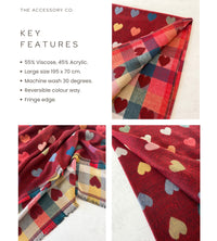 LARGE CHECKED HEART PRINT REVERSIBLE WINTER SHAWL BLANKET SCARF - RED