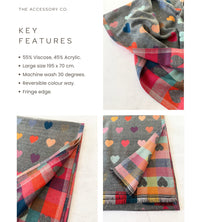 LARGE CHECKED HEART PRINT REVERSIBLE WINTER SHAWL BLANKET SCARF - SILVER GREY