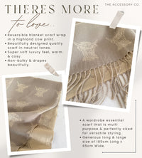 LARGE CREAM HIGHLAND COW PRINT REVERSIBLE WINTER SHAWL BLANKET SCARF