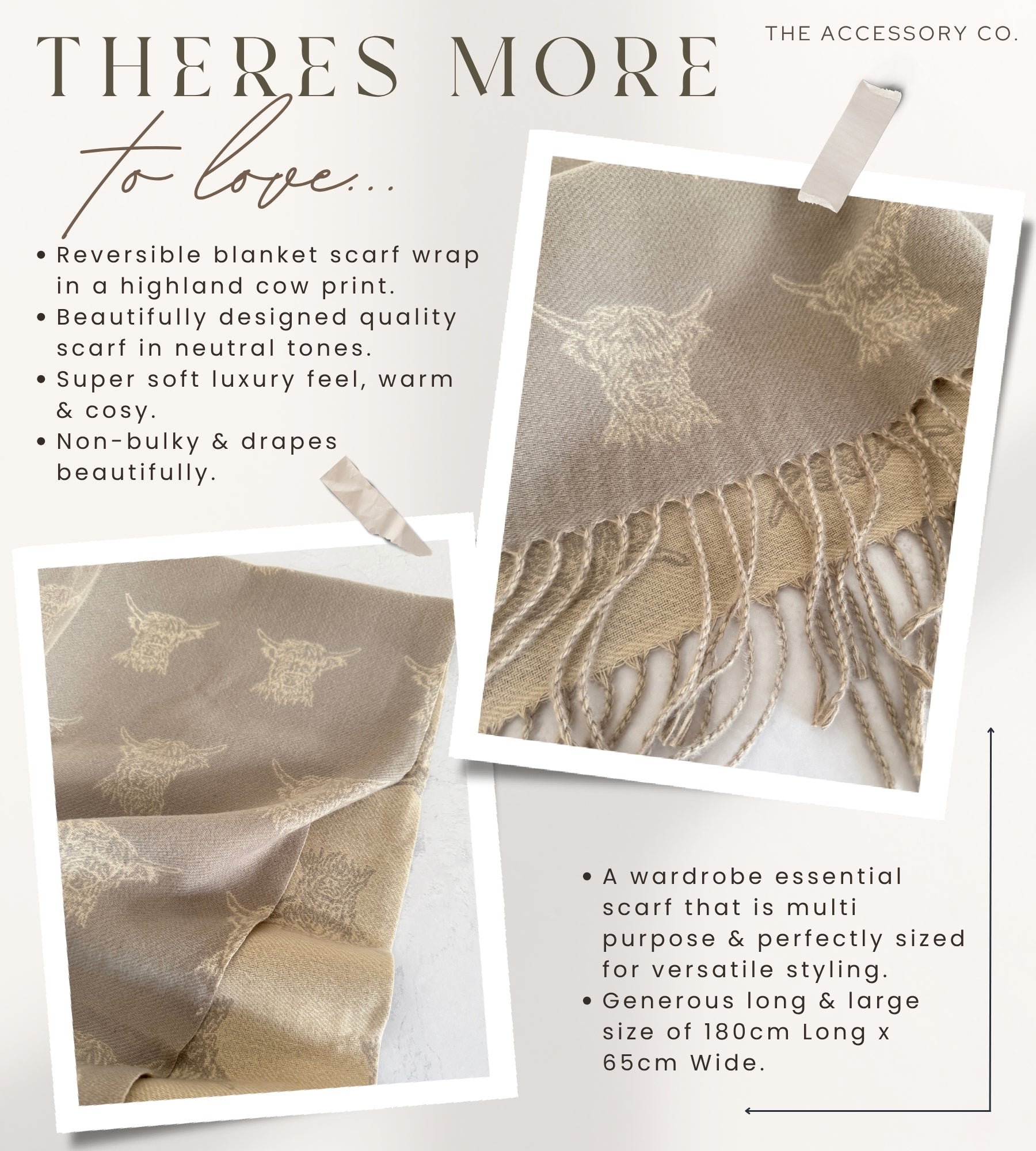 LARGE CREAM HIGHLAND COW PRINT REVERSIBLE WINTER SHAWL BLANKET SCARF