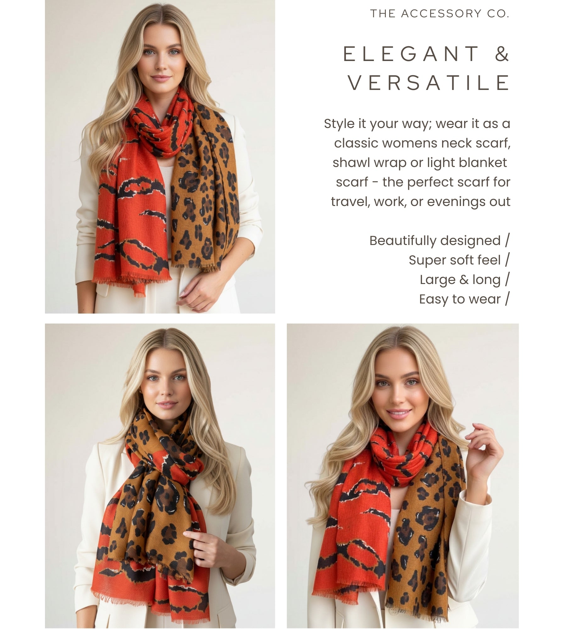 LARGE DEEP ORANGE ZEBRA AND LEOPARD PRINT SHAWL SCARF