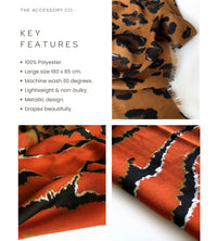 LARGE DEEP ORANGE ZEBRA AND LEOPARD PRINT SHAWL SCARF