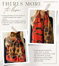 LARGE DEEP ORANGE ZEBRA AND LEOPARD PRINT SHAWL SCARF