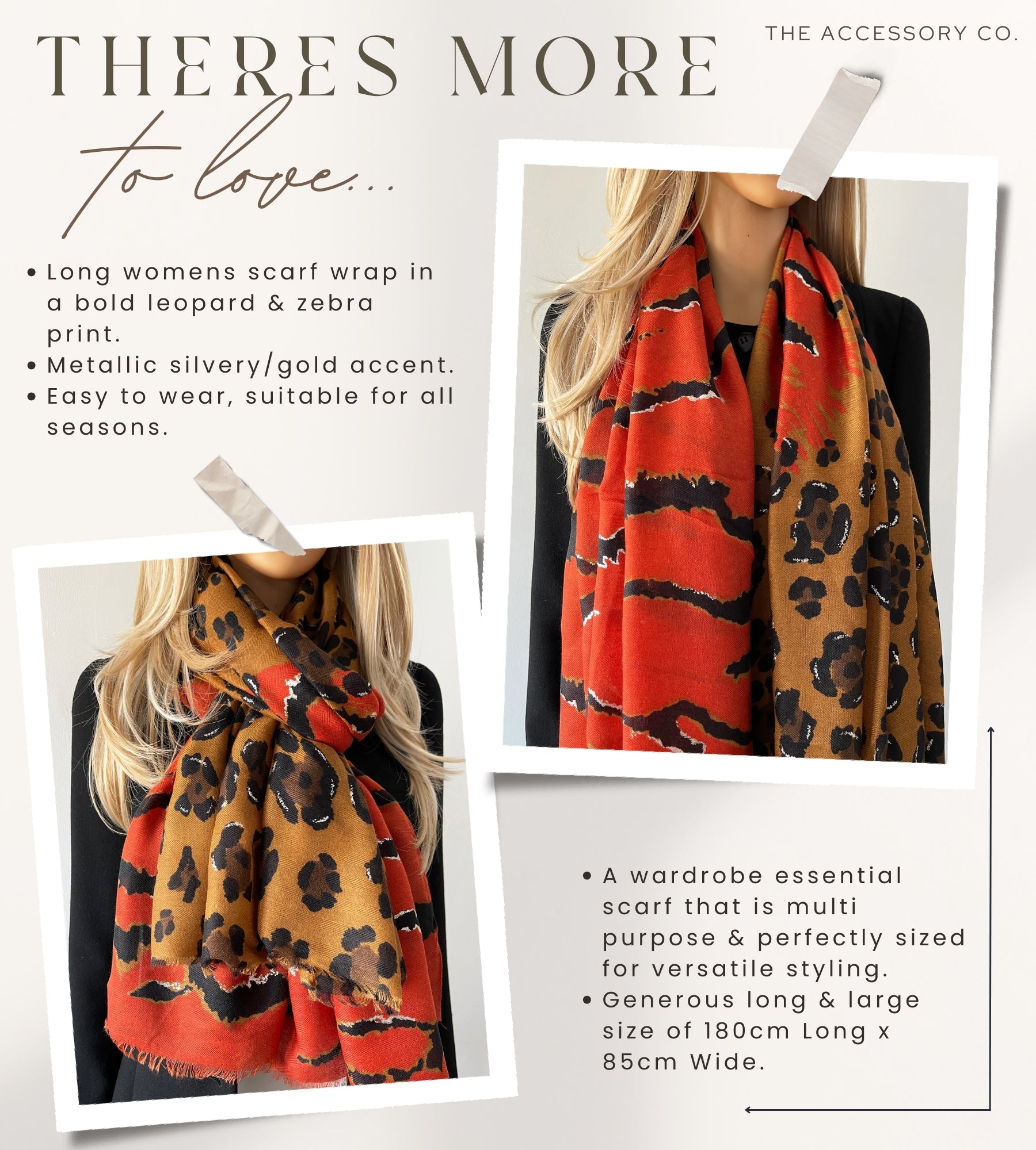 LARGE DEEP ORANGE ZEBRA AND LEOPARD PRINT SHAWL SCARF
