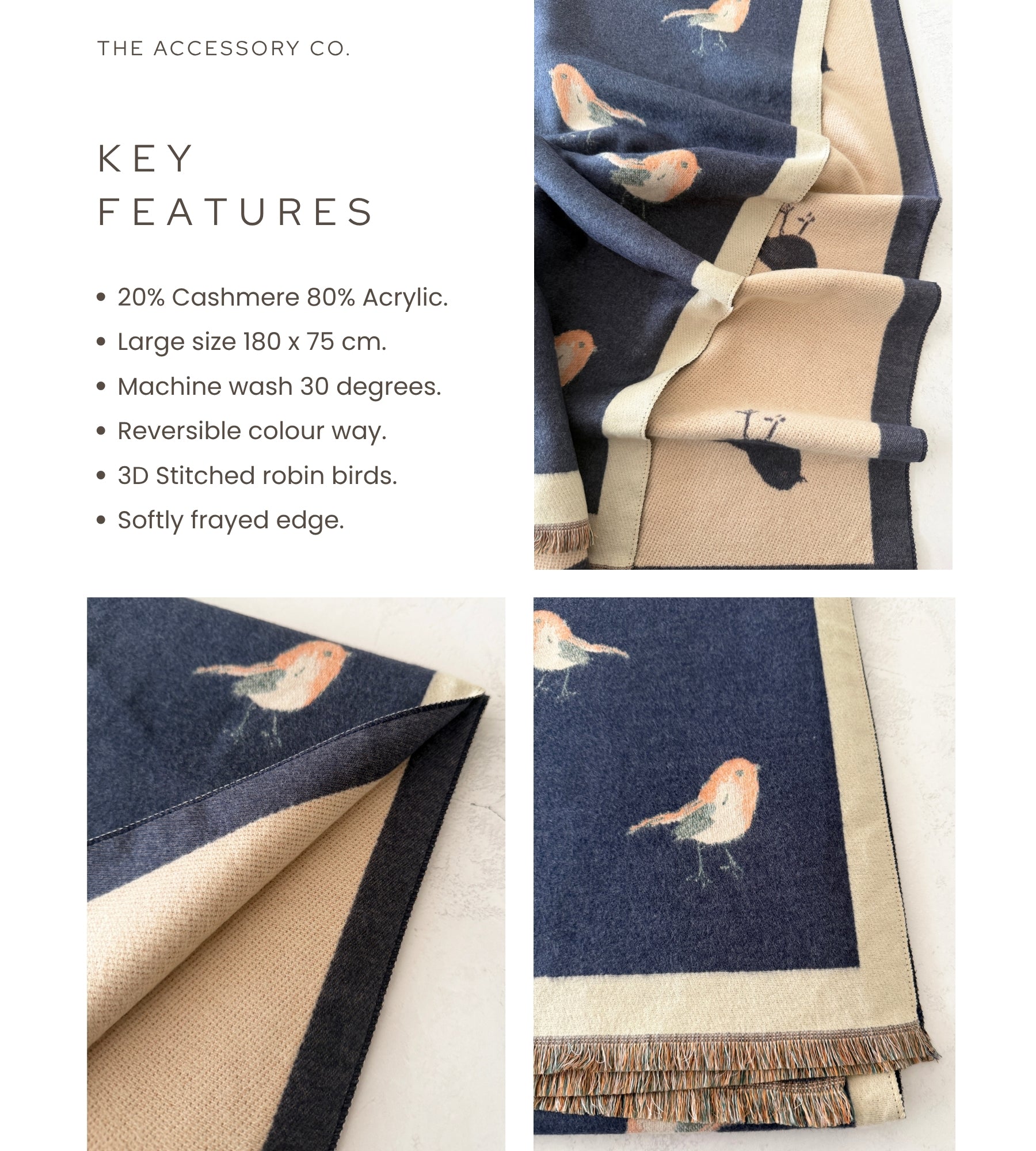 LARGE DENIM BLUE ROBIN REVERSIBLE WINTER SHAWL BLANKET SCARF