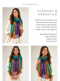 LARGE EMERALD RAINBOW FEATHER AND LEAF PRINT PASHMINA SHAWL SCARF