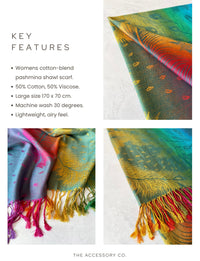 LARGE EMERALD RAINBOW FEATHER AND LEAF PRINT PASHMINA SHAWL SCARF