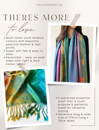 LARGE EMERALD RAINBOW FEATHER AND LEAF PRINT PASHMINA SHAWL SCARF