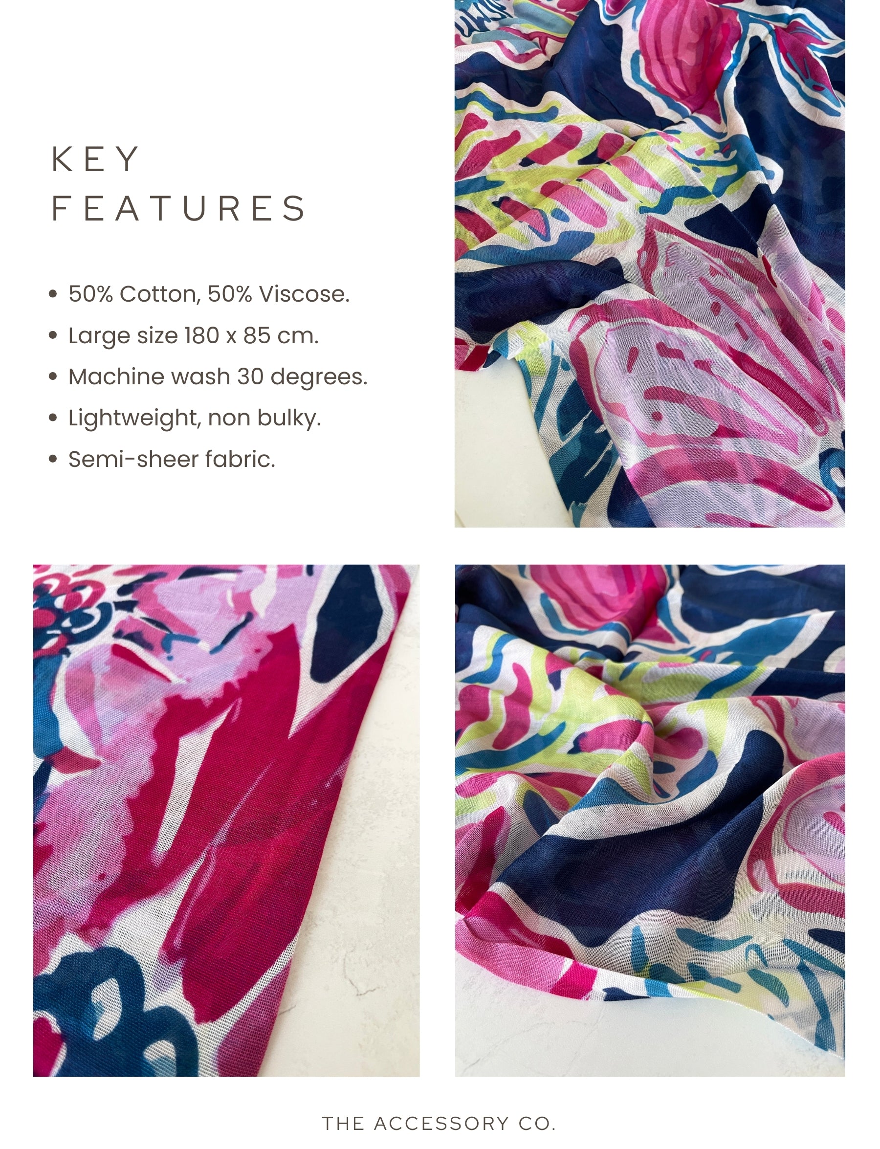 LARGE FUCHSIA NAVY BLUE BRIGHT FLORAL COTTON MIX SCARF