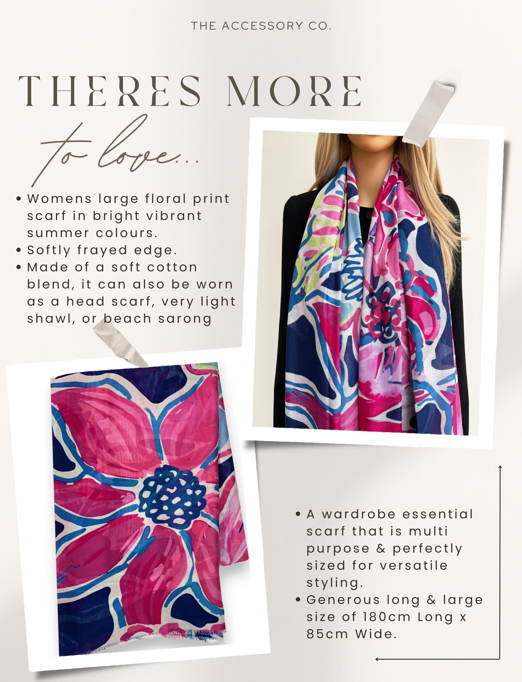 LARGE FUCHSIA NAVY BLUE BRIGHT FLORAL COTTON MIX SCARF