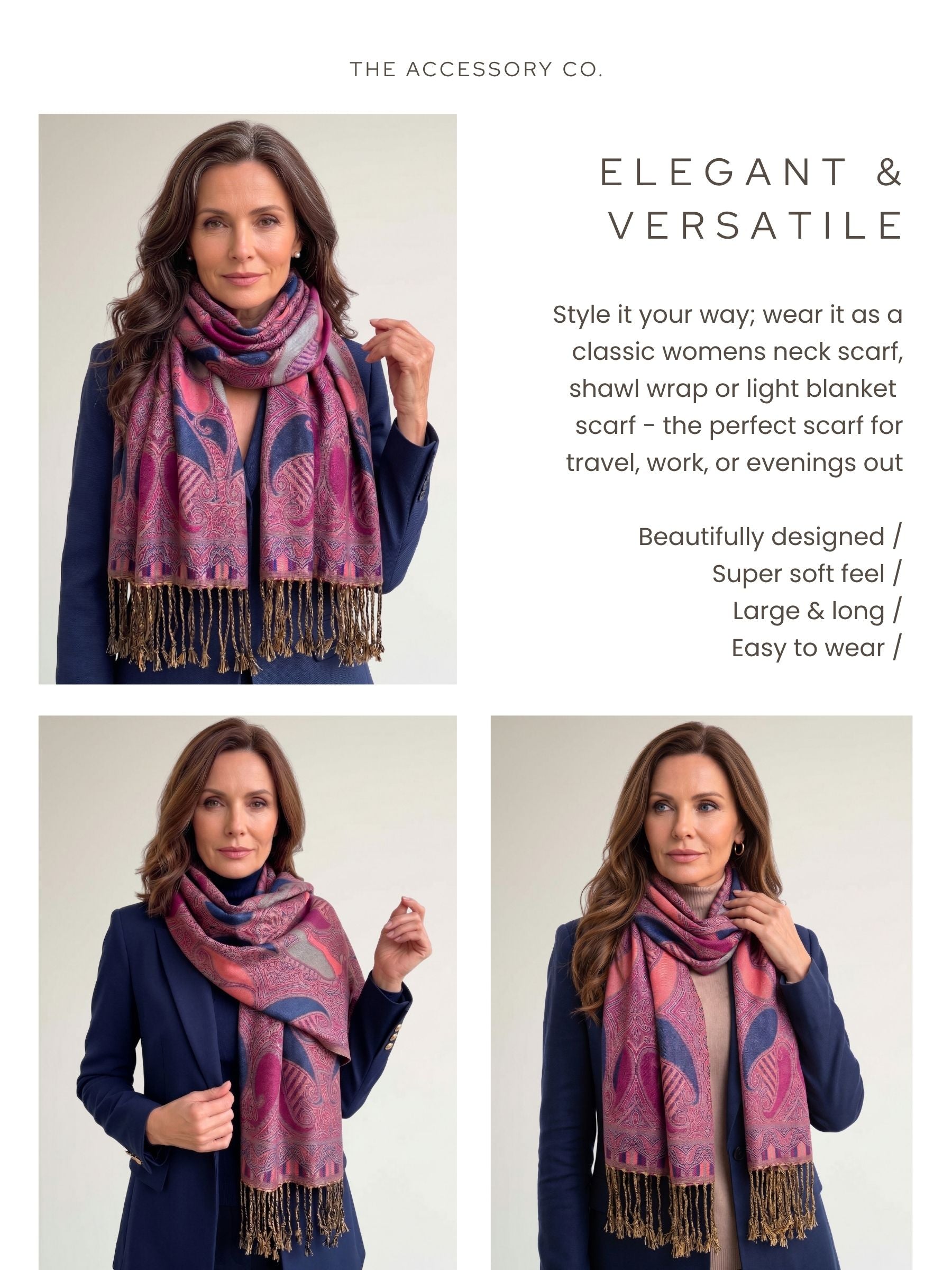 LARGE FUCHSIA PINK GINGHAM PAISLEY PRINT REVERSIBLE PASHMINA SHAWL SCARF - A-SHU.CO.UK