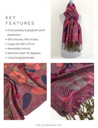 LARGE FUCHSIA PINK GINGHAM PAISLEY PRINT REVERSIBLE PASHMINA SHAWL SCARF - A-SHU.CO.UK