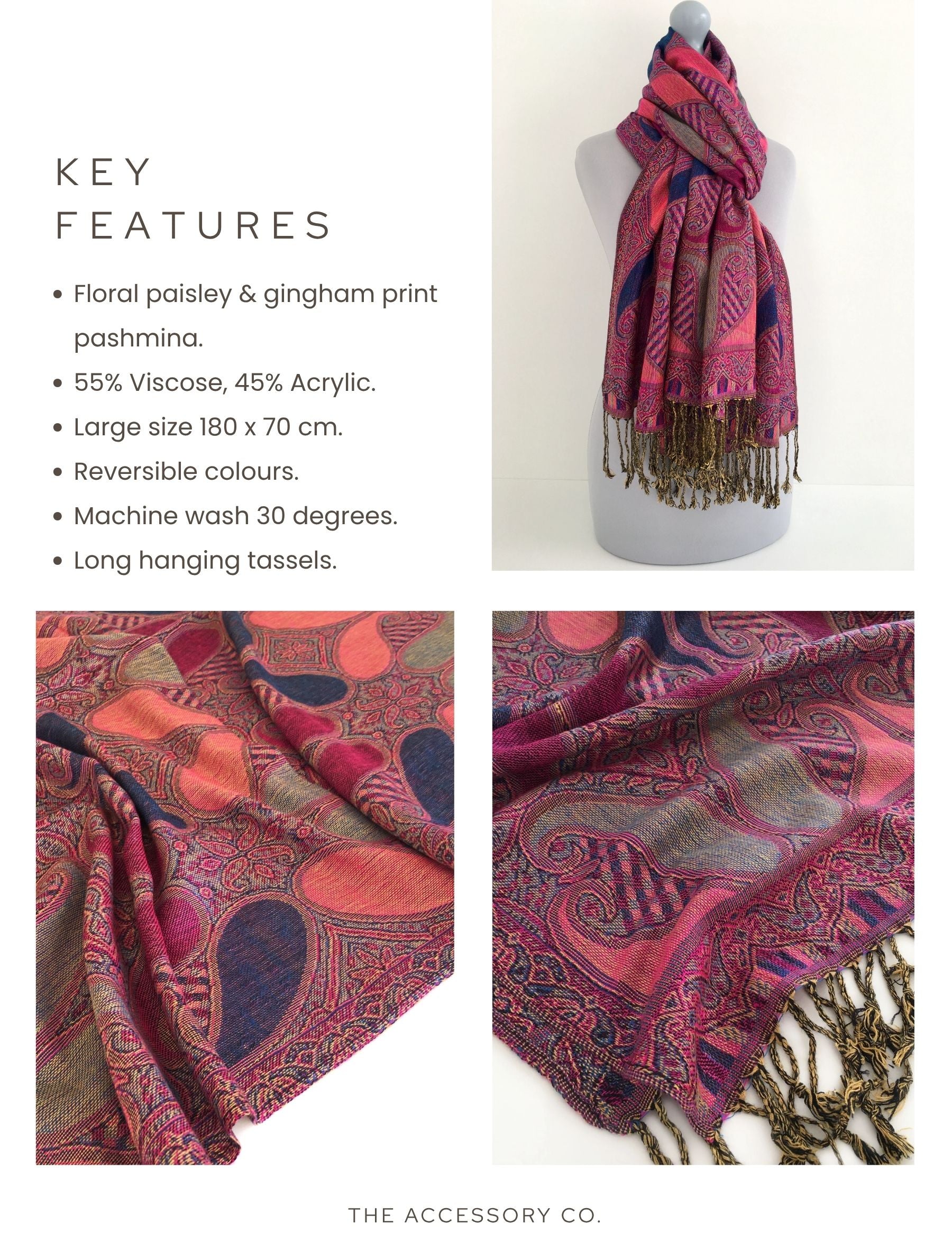 LARGE FUCHSIA PINK GINGHAM PAISLEY PRINT REVERSIBLE PASHMINA SHAWL SCARF - A-SHU.CO.UK