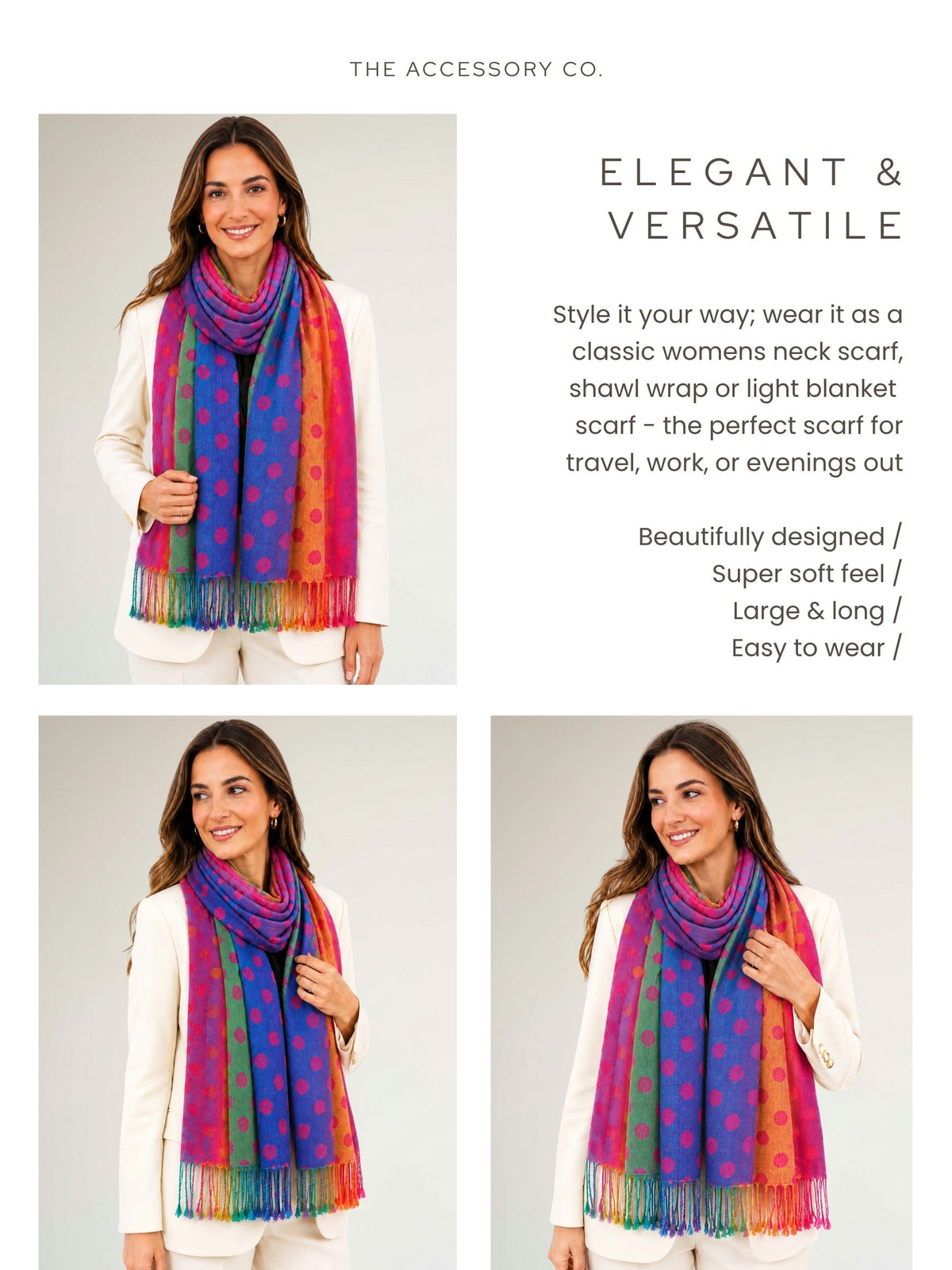 LARGE FUCHSIA PINK MULTI-COLOUR DOT PRINT PASHMINA SHAWL SCARF - A-SHU.CO.UK