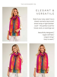 LARGE FUCHSIA PINK RAINBOW FEATHER AND LEAF PRINT PASHMINA SHAWL SCARF