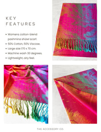 LARGE FUCHSIA PINK RAINBOW FEATHER AND LEAF PRINT PASHMINA SHAWL SCARF
